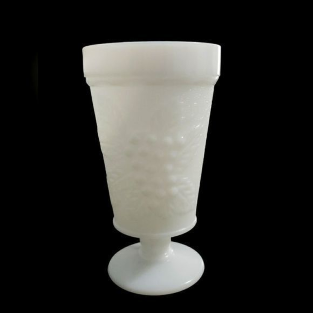 Vintage White Milk Drinking Tumbler or Small Vase, Fruit Embellished